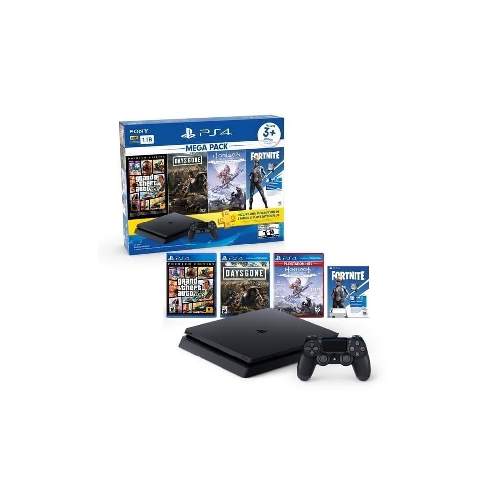 SONY PLAY STATION CONSOLA PLAYSTATION SONY PS4 1TB Mega Pack 6, JUEGOS: Horizon Zero Dawn Complete Edition, Days Gone, Grand Theft Auto V Premium Edition y Fortnite y un cupón de 3 meses para PS Plus