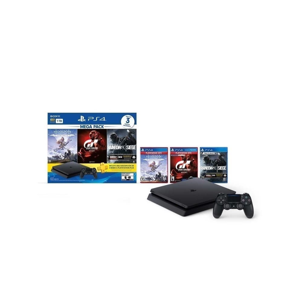 SONY PLAY STATION Combo Consola Play Station PS4 Mega Pack 16. DD 1TB, 3 video juegos Horizon Zero Dawn CE, Rainbow Six Siege, Gran Turismo Sport, 3 Meses de suscripción a PlayStation Plus