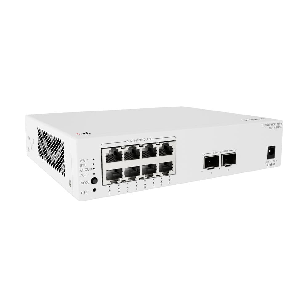 HUAWEI NETWORKING Switch S210-8LP2J Datacom -S210-8LP2J (8 puertos Ethernet 10/100/1000BASE-T (PoE+ de 35 W), 2 puertos SFP de 2,5 G, 1 adaptador de CA incluido, sin ventilador) - (Modelo de distribución. Nota: Configuración 1:1 de cables de alimentación blancos C7)