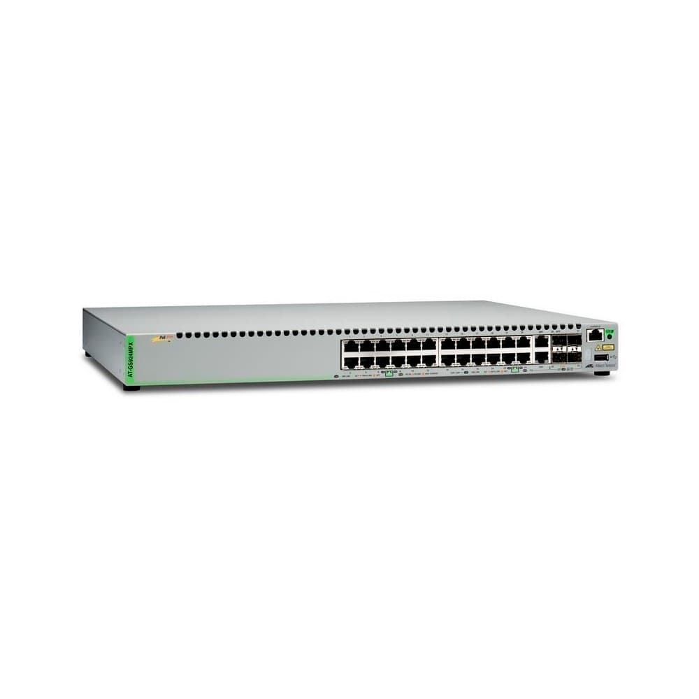 ALLIEDTELESIS Switches Allied telesis Gigabit Ethernet Managed switch with 24 10/100/1000T POE ports, 2 SFP/Copper combo ports, 2 SFP/SFP+ uplink slots, single fixed AC power supply US Power Cord