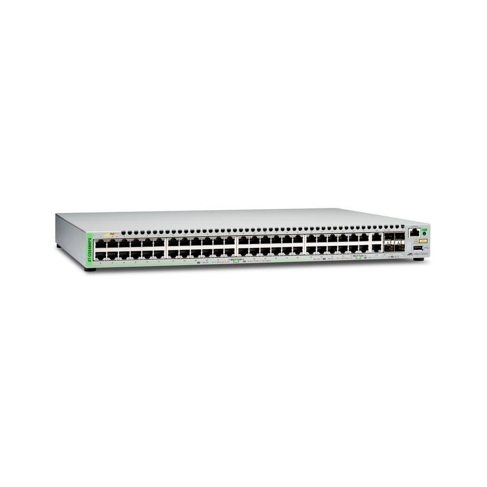 ALLIEDTELESIS Switches Allied telesis Gigabit Ethernet Managed switch with 48 10/100/1000T POE ports, 2 SFP/Copper combo ports, 2 SFP/SFP+ uplink slots, single fixed AC power supply US Power Cord