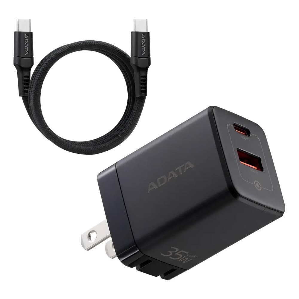 ADATA CARGADOR 35W NEGRO- 1 PUERTOS USB TYPE C- 1 PUERTO USB TYPE A + CABLE 1.5METROS TYPE C