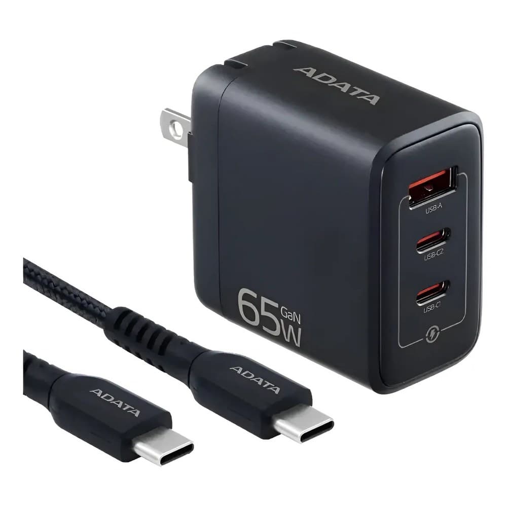 ADATA CARGADOR 65W NEGRO - 2 PUERTOS USB TYPE C- 1 PUERTO USB TYPE A + CABLE 2METROS TYPE C
