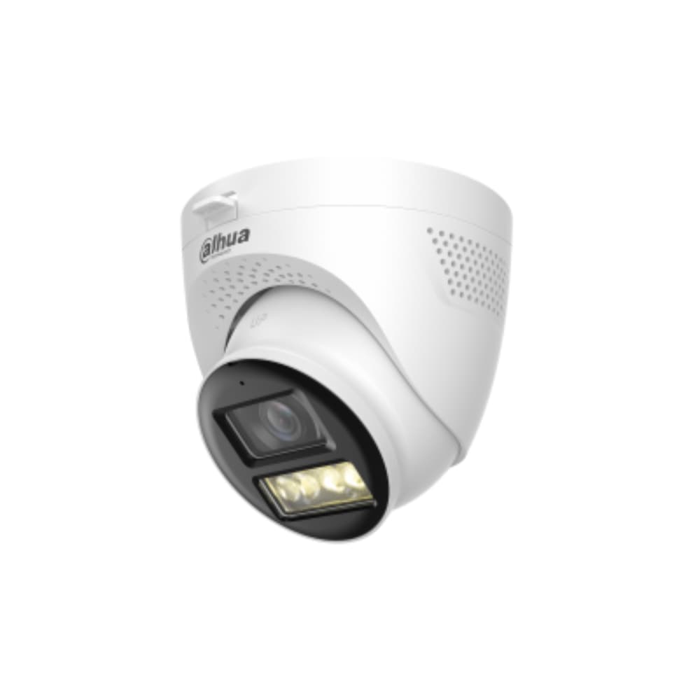 DAHUA Cámara Domo 5MP/ Mic Integrado y Audio Bidirec/ Iluminación Dual Mediante IR y Luz Calida/ Hasta 40 Mts de Iluminación/ Lente de 2.8mm Apertura Hasta 111°/ 3DNR Para Reducción de Ruido/ IP67/ Policarbonato + Metal