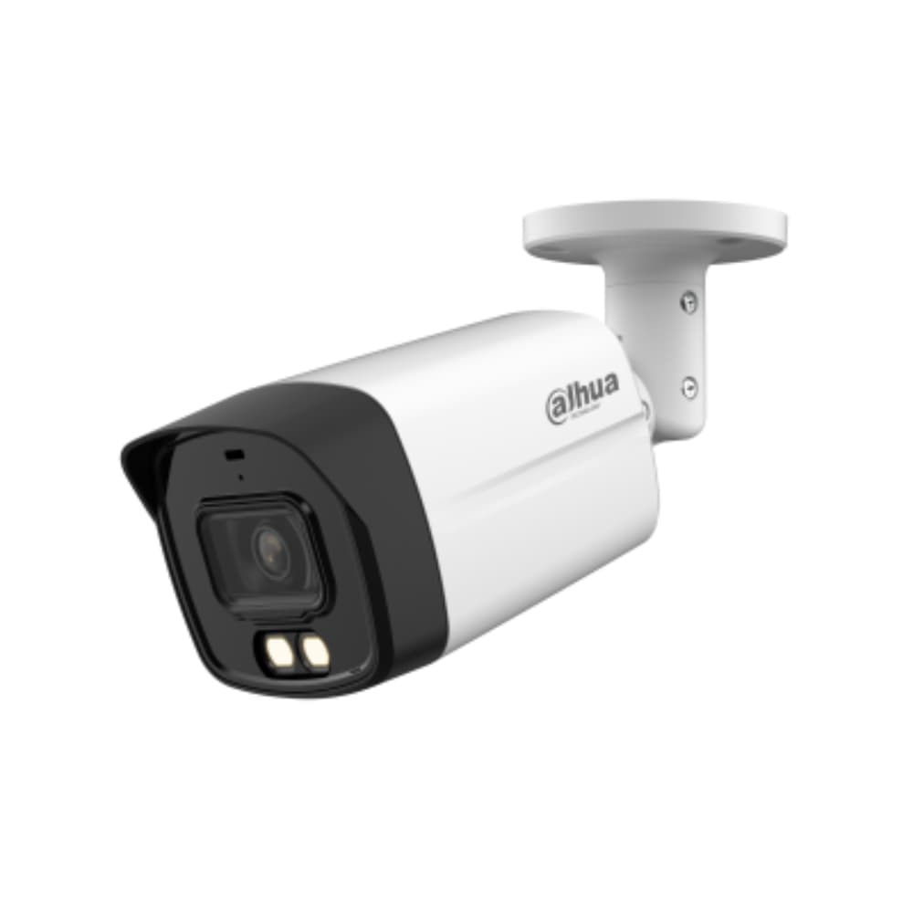 DAHUA Cámara Dahua Tipo Bala de lente fija 2,8 mm Análoga, 2 MP, Plástica, Sensor 1/2.7, Iluminación IR inteligente, 40m, Full color, DWDR, BLC, rango Pan/Tilt: Pan 0°~360°, Tilt 0°~90° IP67, 12 VCC- Micrófono incorporado