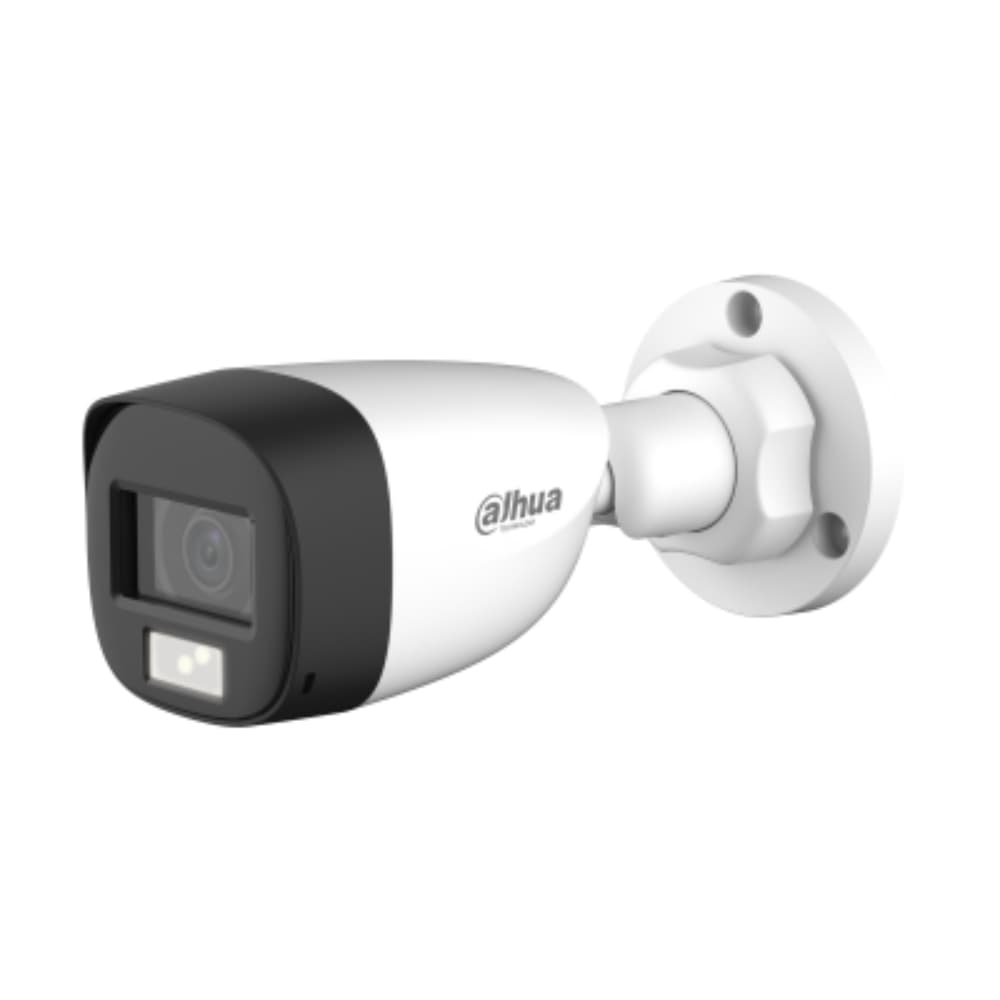 DAHUA Cámara Analoga tipo Bala de 5 MP/lENTE FIJO DE 2.8MM hasta 25 fps/HDCVI, CVBS, AHD, TVI (conmutación DIP)/Iluminación Smart Dual Light (IR + luz cálida), hasta 30 m/ Micrófono integrado, transmisión por cable coaxial/ resistencia IP67/ 3D-DNR para reducción de ruido/Semiplastica
