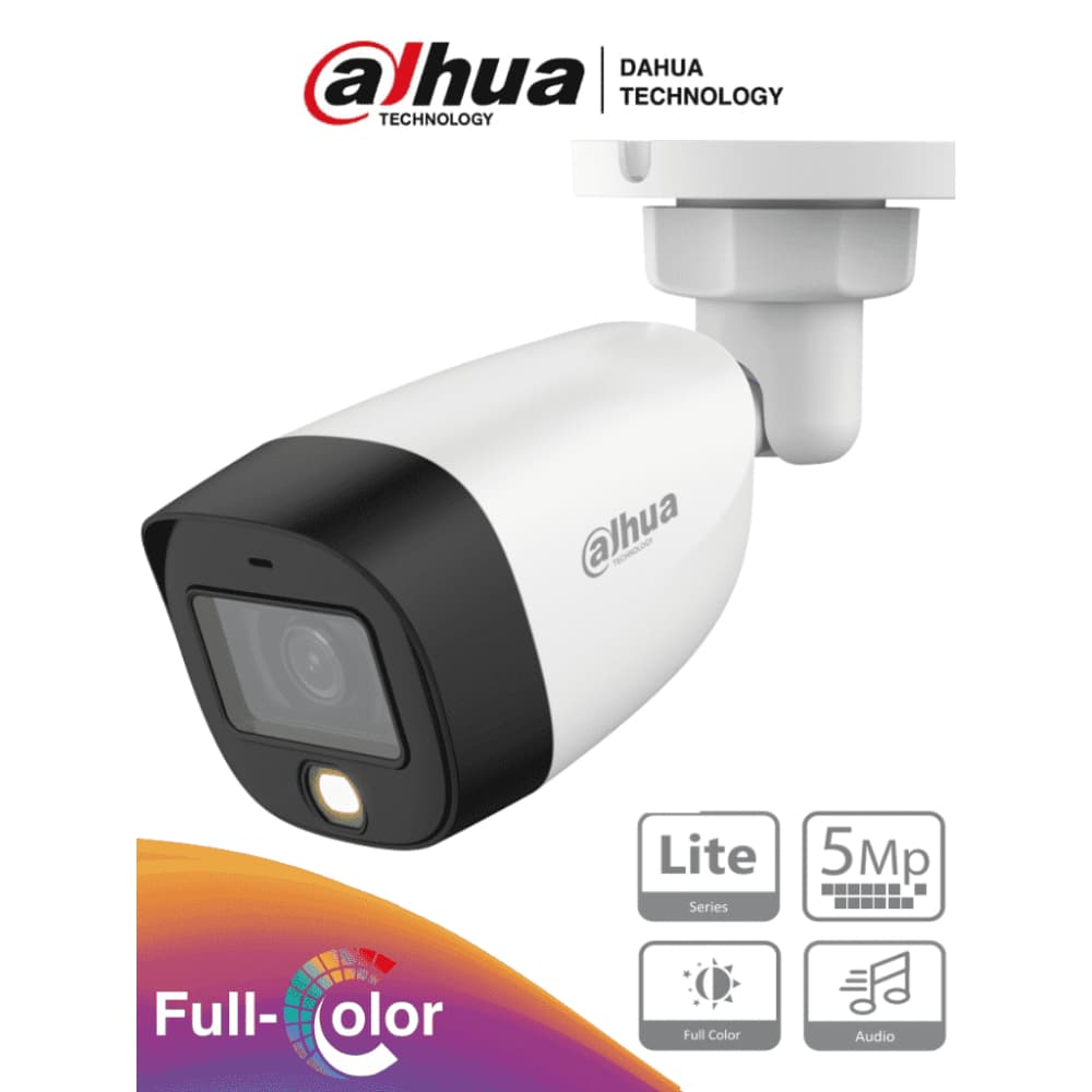 DAHUA Camara Dahua Bala, 5MP, Full Color, Lente Fijo 2.8 mm, WDR, 4en1 switchable (CVI/TVI/AHD/CVBS), Metal, IR20m, IP67, 12VDC.