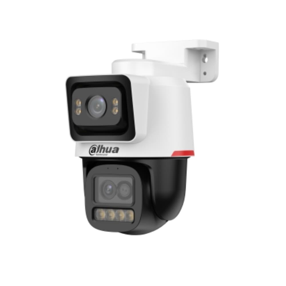 DAHUA Cámara IP PT multisensor de 2 lentes (4 MP + 2 MP) 1/1.8 sensor de 4 MP (lente fija) + 1/2.8 sensor de 2 MP (lente PT)/ Tecnología WizColor/Alcance de 30 m para lente fija y 50 m para lente PT/Zoom Híbrido 6x + Auto Tracking/Disuasión activa + Audio bidireccional/MicroSD hasta 512 GB/Fuente 12 VDC / PoE