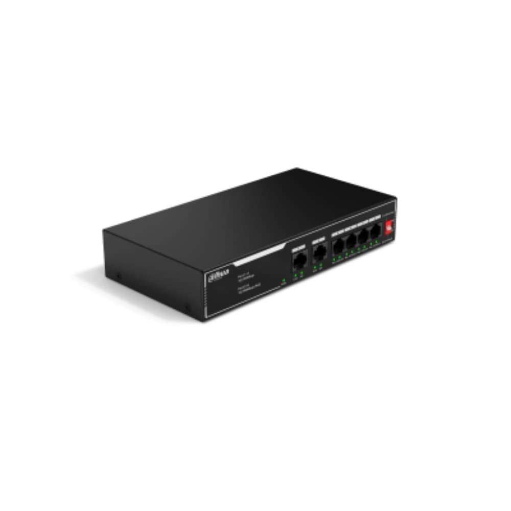 DAHUANEW Switch Dahua PoE 6 puertos 10/100, NO ADMINISTRABLE / 4 puertos PoE, Admite los estándares 802.3af y 802.3at, Admite transmisión PoE de larga distancia de 250 m, Función de PoE watchdog