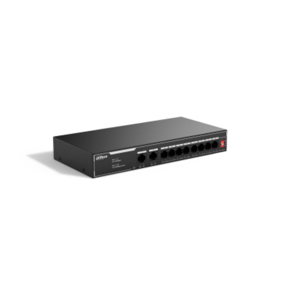 DAHUANEW Switch Dahua PoE 10 puertos 10/100, NO ADMINISTRABLE / 8 puertos PoE, Admite los estándares 802.3af y 802.3at, Admite transmisión PoE de larga distancia de 250 m, Función de PoE watchdog.