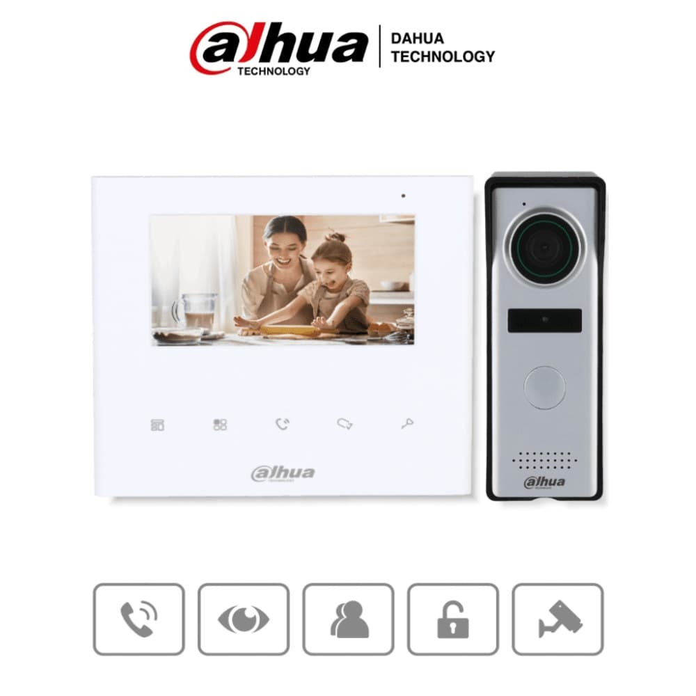 DAHUA Kit de videoportero analógico con monitor de 4.3 y botones táctiles. Incluye frente de calle con cámara de 1.3 MP, múltiples tonos de timbre personalizables, y función de apertura de puerta para mayor seguridad y comodidad