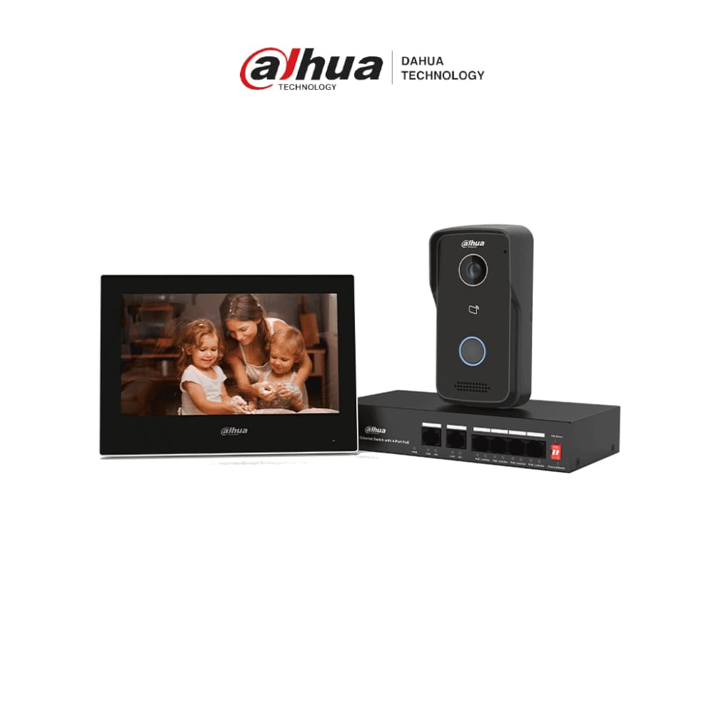 DAHUA Kit de videoportero IP, videoportero exterior SIP con sensor CMOS 1 MP y audio bidireccional, monitor táctil TFT de 7 pulgadas, switch PoE RJ45.