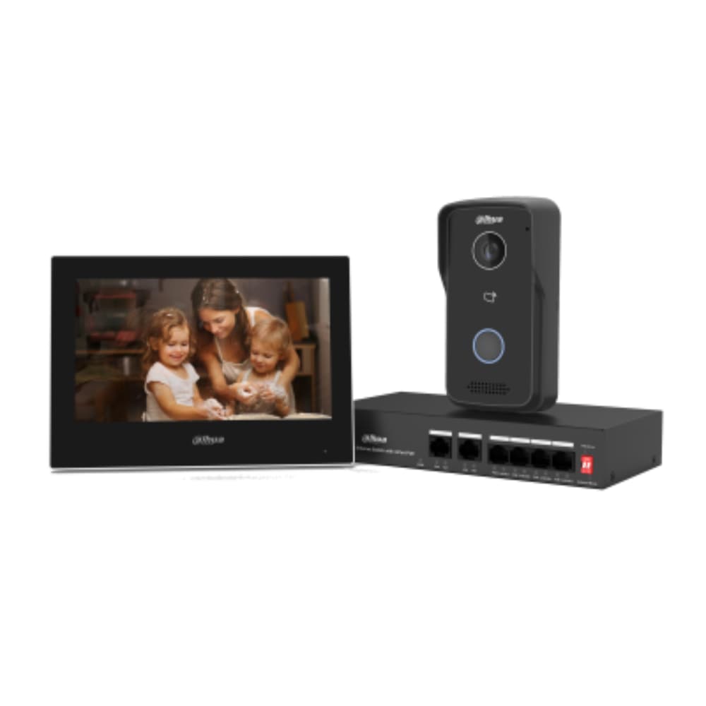 DAHUA Kit de videoportero IP, videoportero exterior SIP con sensor CMOS 1 MP y audio bidireccional, monitor táctil TFT de 7 pulgadas, switch PoE RJ45.