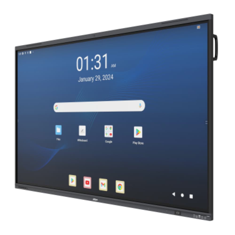DAHUA Pantalla interactiva Dahua inteligente UHD Lite de 86'', Android 13, certificación EDLA, Google Store, procesador de cuatro núcleos A76 y A55, 8 GB + 128 GB, 2 x 8 W + 2 x 18 W, NFC; seguimiento de voz + encuadre automático. Cámara de 48 MP + 8 micrófonos (Alcance: 12 m). Carga tipo C de 65 W + 15 W + BYOM.
