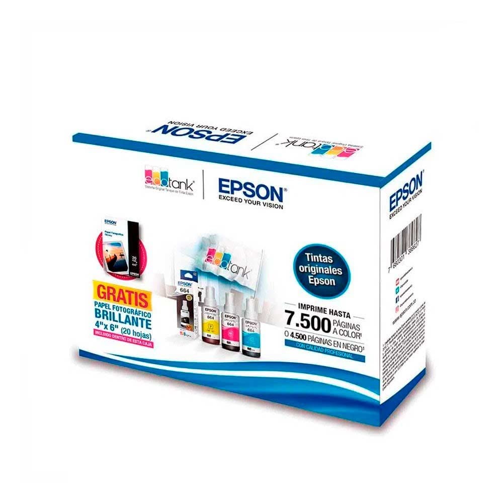 EPSONSUMINISTROS Kit 4 Botellas de Tinta para impresoras EPSON + Papel Fotográfico