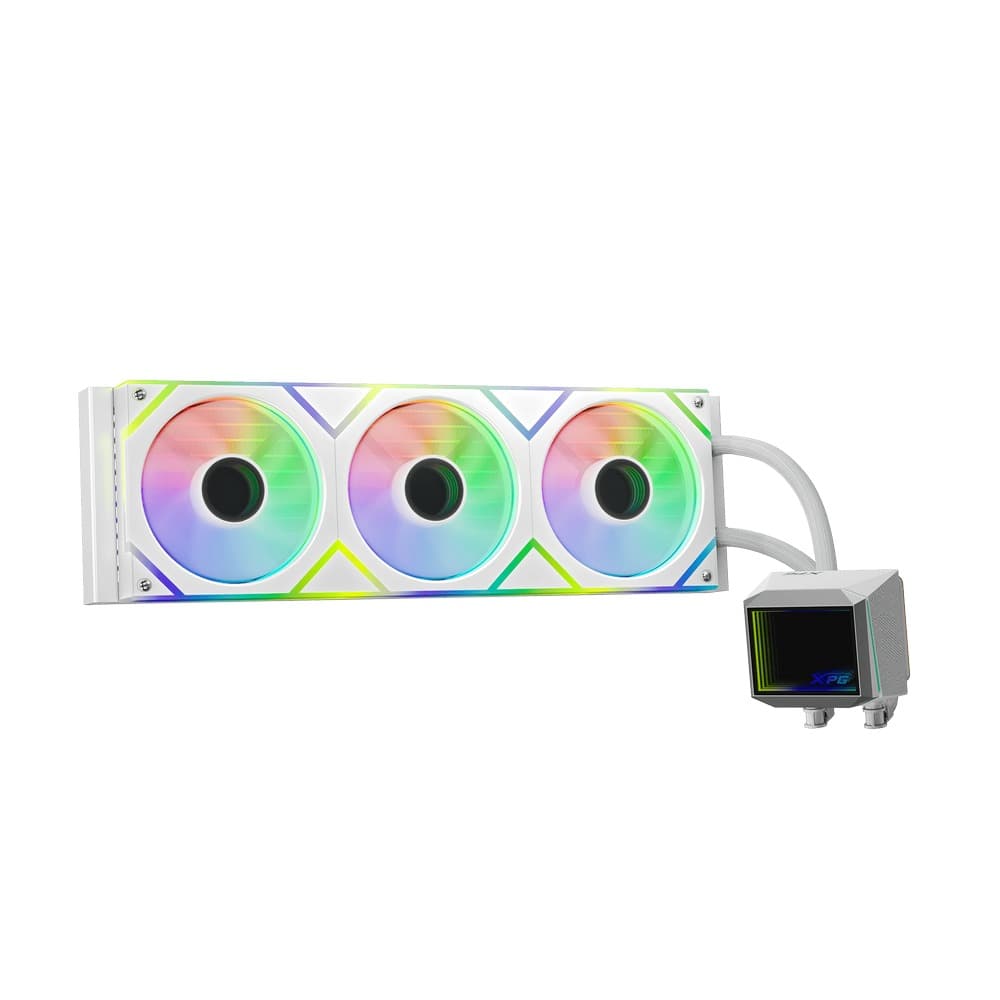 ADATA-XPG XPG LEVANTE II 360, Blanco, diseño de Espejo Infinito, Velocidad: 800-2000 RPM, Ruido: 29.33 dBA, Flujo de aire: 58.91 CFM, TDP 300W a 84? y 340W a 95?, Rodamiento Hidráulico, Zócalo: Intel (LGA 1851/1700/1200/115x), AMD (AM5/AM4), Garantía de 5 Años