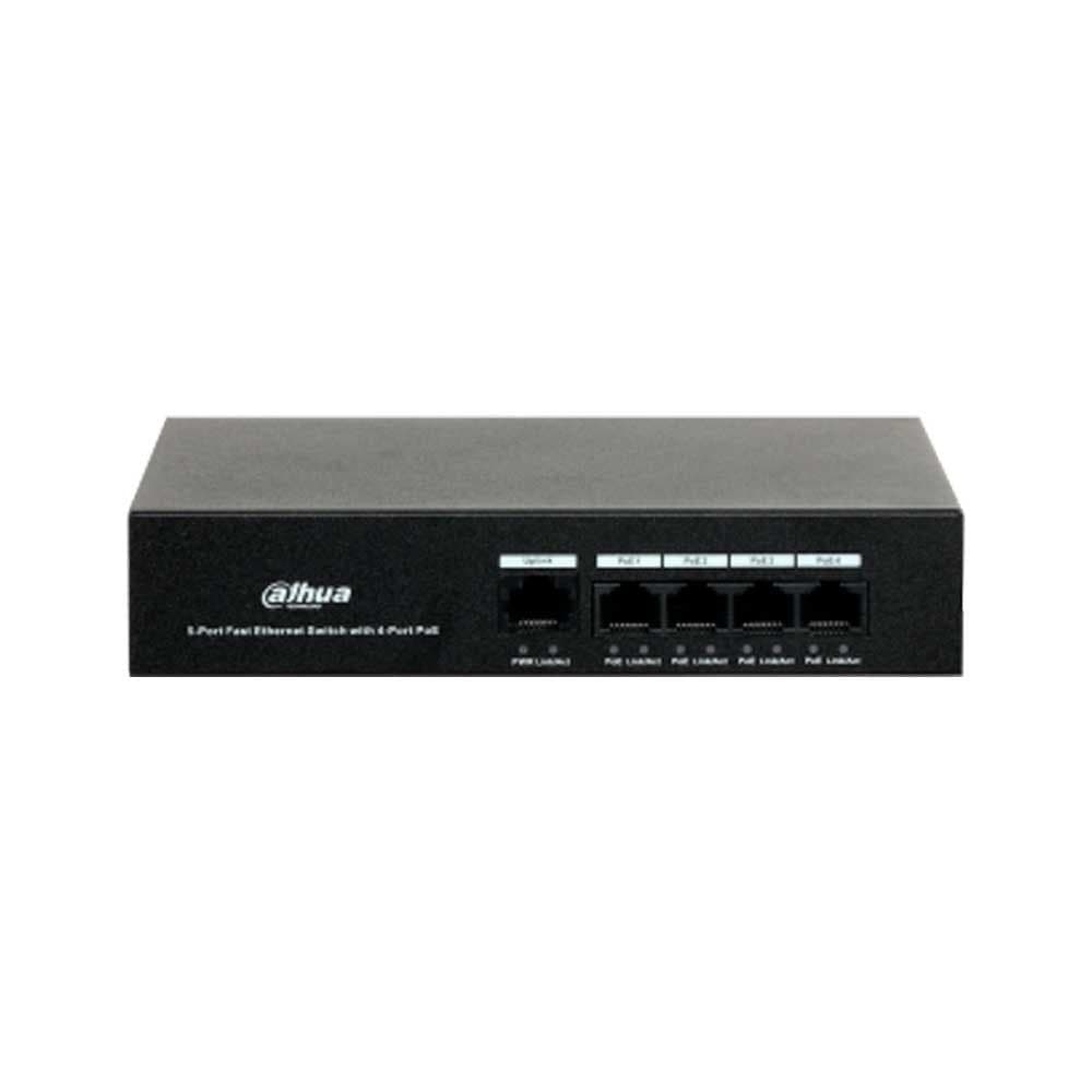 DAHUA Switch PoE 5 puertos 10/100, 4 puertos PoE, 36 watts / Carcaza metálica