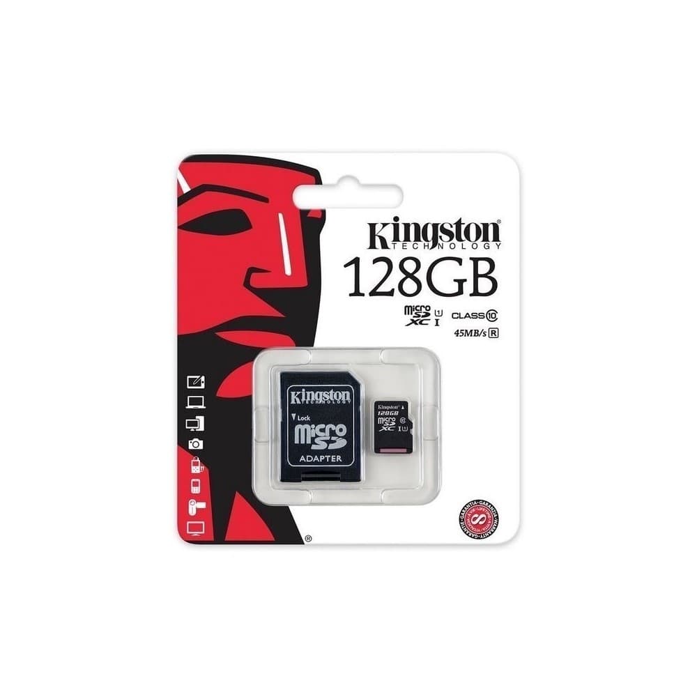 KINGSTON Memoria 128GB microSDXC Class 10 UHS-I 45MB/s Read Card + SD Adapter