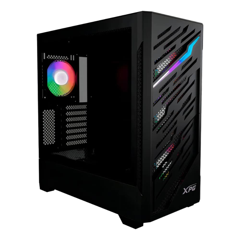ADATA-XPG XPG STARKER AIR BTF, Negro, soporta placas base con diseño de conector inverso, Torre Media ATX, 2.5'' y 3.5'' pulgadas x2, I/O: USB-C x1, USB-A x2, Audio HD x1, control LED x1, Reinicio x1, Poder x1, Ventilador ARGB: 4 x Ventiladores de 120mm (Frontal x3, Trasero x1), Ventilador: (Trasero x1), 2 Años de Garantía