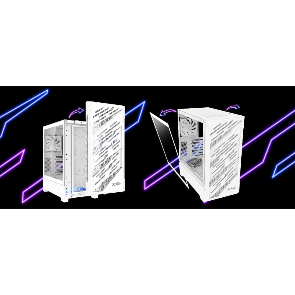 ADATA-XPG XPG STARKER AIR BTF, Blanco, soporta placas base con diseño de conector inverso, Torre Media ATX, 2.5'' y 3.5'' pulgadas x2, I/O: USB-C x1, USB-A x2, Audio HD x1, control LED x1, Reinicio x1, Poder x1, Ventilador ARGB: 4 x Ventiladores de 120mm (Frontal x3, Trasero x1), Ventilador: (Trasero x1), 2 Años de Garantía