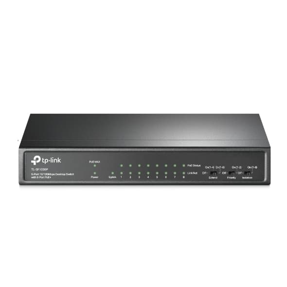 TPLINKSMB Switch TPLINK PoE de escritorio de 9 puertos a 10/100 Mbps con PoE + de 8 puertos, 8 puertos PoE + de 10/100 Mbps,