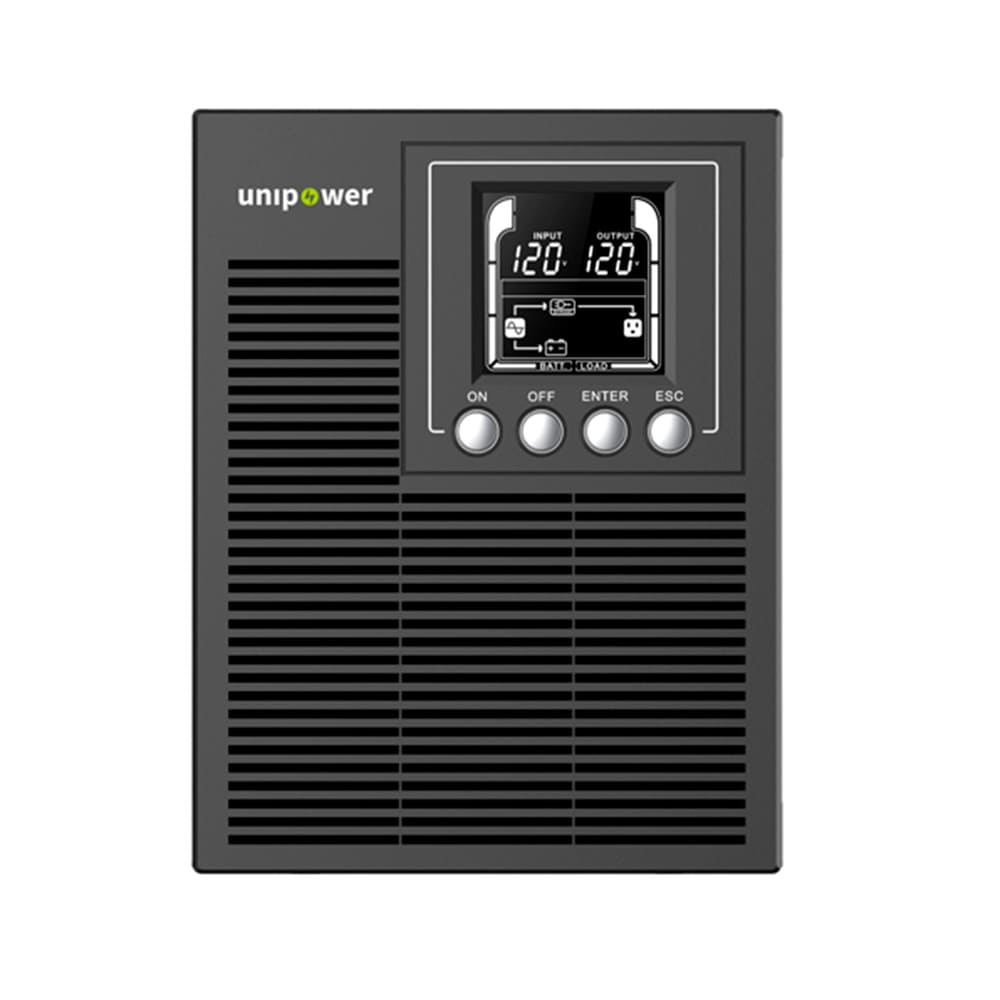 UNIPOWER 1KVA /0,9KW torre UPS con 2 bat 12v9AH,120V 60HZ + 4 tomas L5-15R. LCD; HID USB,, EPO, SNMP slot , RS232. Cargador 1AMP.