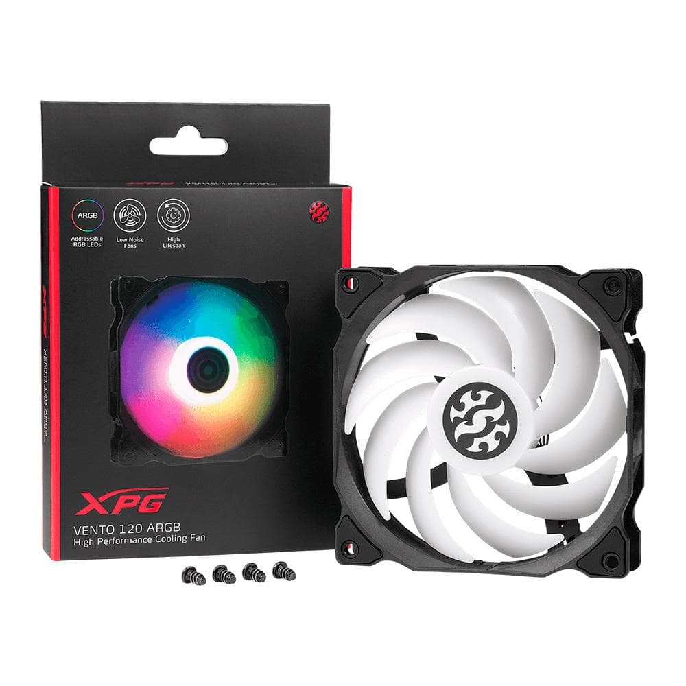 ADATA-XPG XPG VENTO Reverse 120 ARGB PWM 3 Pack, Black, Rifle Bearing, 120mm Fan, 4-Pin PWM, Speed: 300-1600 RPM, Max Air Flow: 65.33 CFM, Fan Noise: 24 dBA, 2 Years Warranty